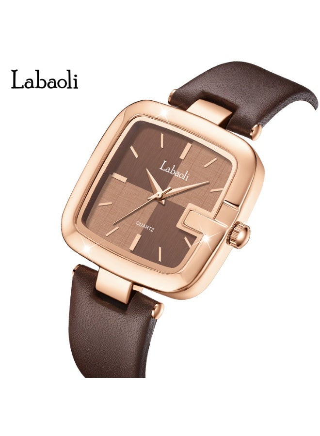 Labaoli Rose Gold Square Women's Watch with Brown Leather Strap - Retro-Inspired Fashion Timepiece for Trendy Ladies