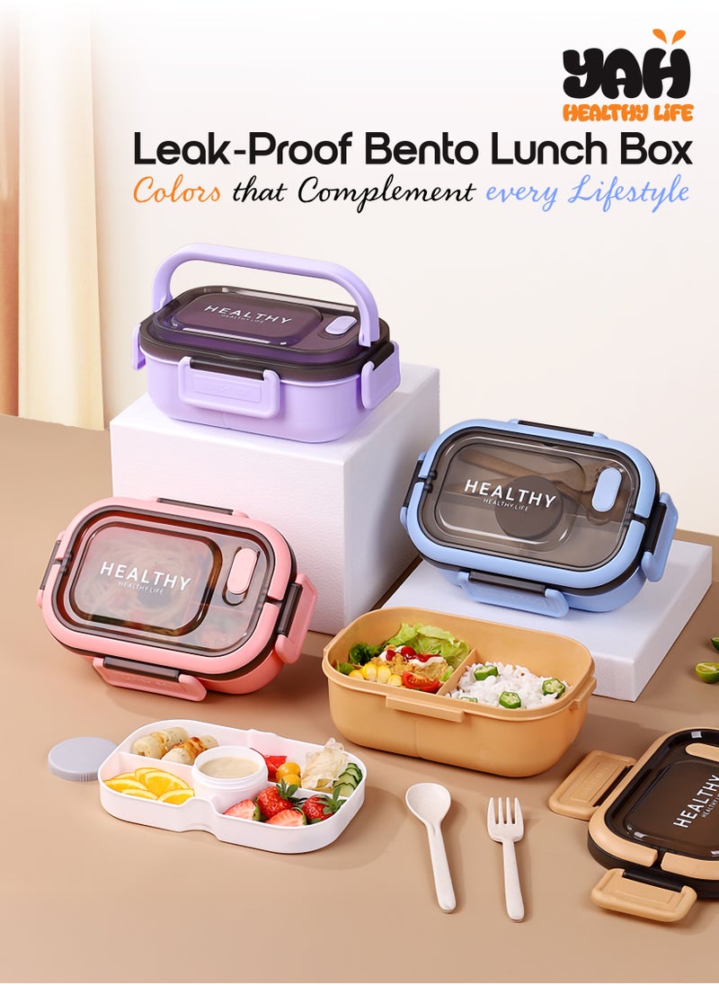 YAH Creation - YAH HealthyLife Bento Lunch Box with Sauce Box - BPA-Free, Leak-Proof, 2 Stackable Layers with 6 Compartments, Microwave & Dishwasher Safe, Includes Cutlery & Handle for Easy Carrying - Image 1