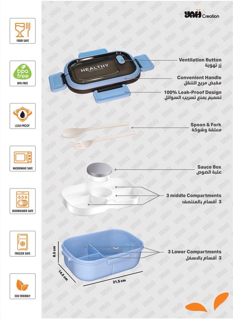 YAH Creation - YAH HealthyLife Bento Lunch Box with Sauce Box - BPA-Free, Leak-Proof, 2 Stackable Layers with 6 Compartments, Microwave & Dishwasher Safe, Includes Cutlery & Handle for Easy Carrying - Image 1