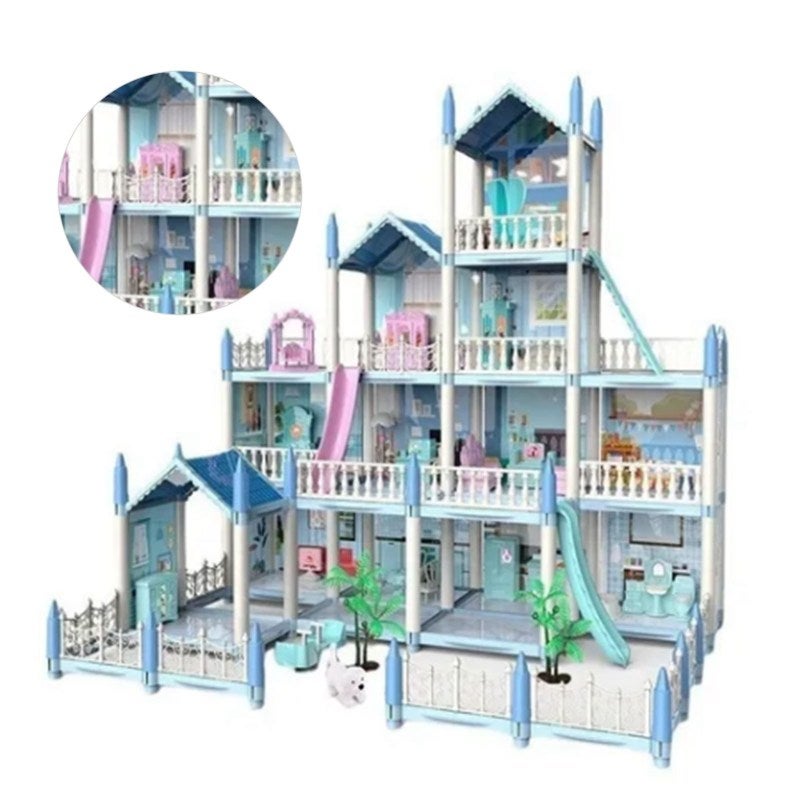 Diy Dollhouse Kit 14 Room Blue Princess Castle With Furniture - Intelligence Developing Interactive Toy For Girls Imaginative Play Family Bonding - Image 3
