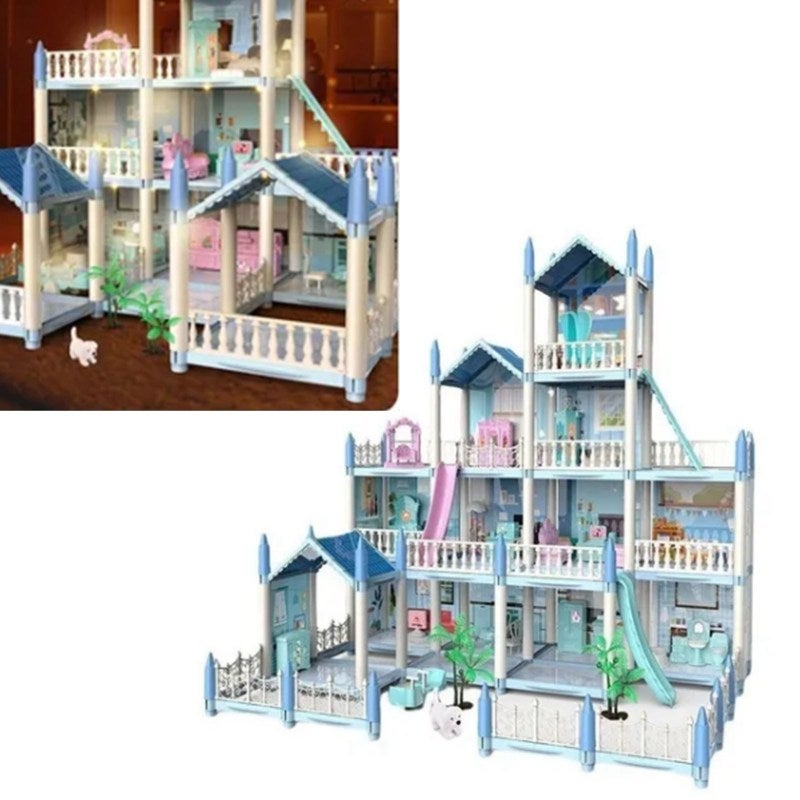 Diy Dollhouse Kit 14 Room Blue Princess Castle With Furniture - Intelligence Developing Interactive Toy For Girls Imaginative Play Family Bonding - Image 5