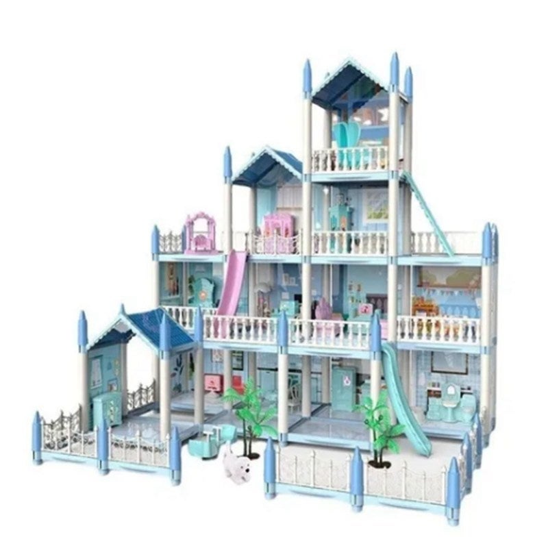 Diy Dollhouse Kit 14 Room Blue Princess Castle With Furniture - Intelligence Developing Interactive Toy For Girls Imaginative Play Family Bonding - Image 1