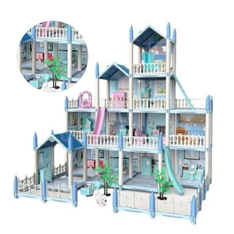 Diy Dollhouse Kit 14 Room Blue Princess Castle With Furniture - Intelligence Developing Interactive Toy For Girls Imaginative Play Family Bonding - Image 4
