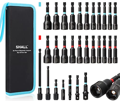 SHALL 29PCS Magnetic Nut Driver Set, Impact Drill Driver Bit 1/4" Hex Shank, SAE & Metric Cr-V Steel Power Nut Drivers with Quick-release Extensions, Impact Socket Adapters, Bit Holder and Storage Bag - Image 1