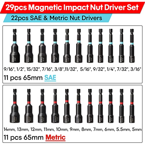 SHALL 29PCS Magnetic Nut Driver Set, Impact Drill Driver Bit 1/4" Hex Shank, SAE & Metric Cr-V Steel Power Nut Drivers with Quick-release Extensions, Impact Socket Adapters, Bit Holder and Storage Bag - Image 2