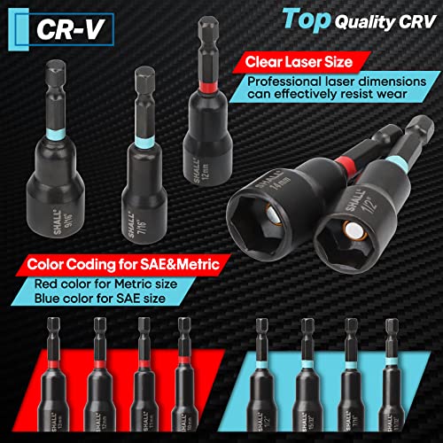 SHALL 29PCS Magnetic Nut Driver Set, Impact Drill Driver Bit 1/4" Hex Shank, SAE & Metric Cr-V Steel Power Nut Drivers with Quick-release Extensions, Impact Socket Adapters, Bit Holder and Storage Bag - Image 4