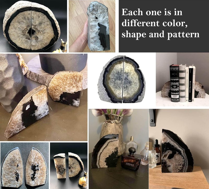 AMOYSTONE Crystal Stone Bookends Decorative Agate Book Ends Holder Geode Bookend Heavy Duty Natural Black Color (1 Pair, 4-6 LBS) - Image 5