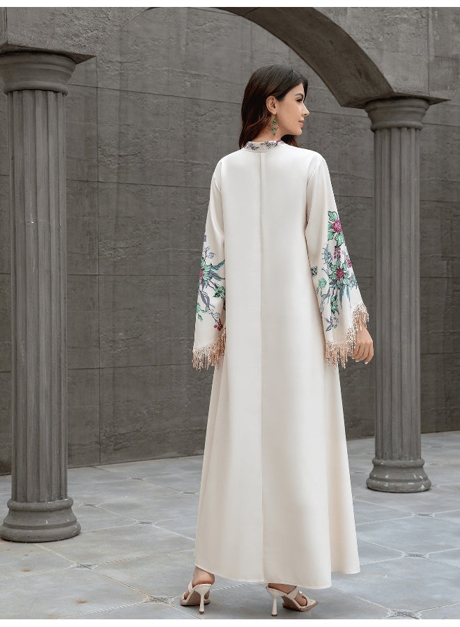Madam Uniq Elegant Beige Embroidered Kaftan, Flare - Sleeve & Fringe Trim, Ethnic - Style Maxi Dress - Image 2