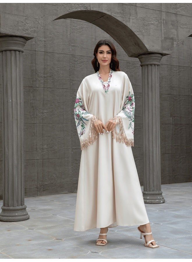 Madam Uniq Elegant Beige Embroidered Kaftan, Flare - Sleeve & Fringe Trim, Ethnic - Style Maxi Dress - Image 4