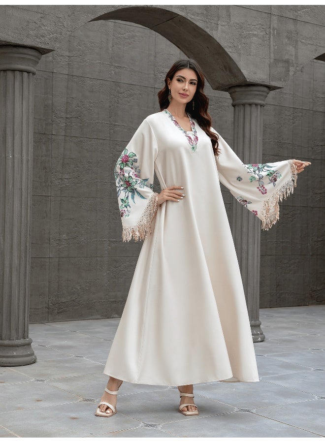 Madam Uniq Elegant Beige Embroidered Kaftan, Flare - Sleeve & Fringe Trim, Ethnic - Style Maxi Dress - Image 3