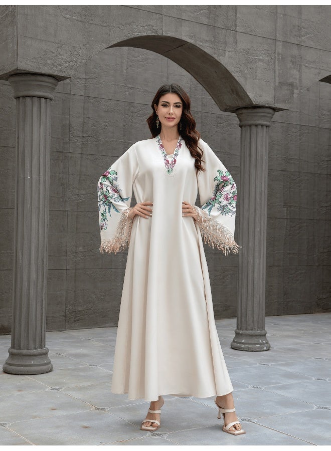 Madam Uniq Elegant Beige Embroidered Kaftan, Flare - Sleeve & Fringe Trim, Ethnic - Style Maxi Dress - Image 1