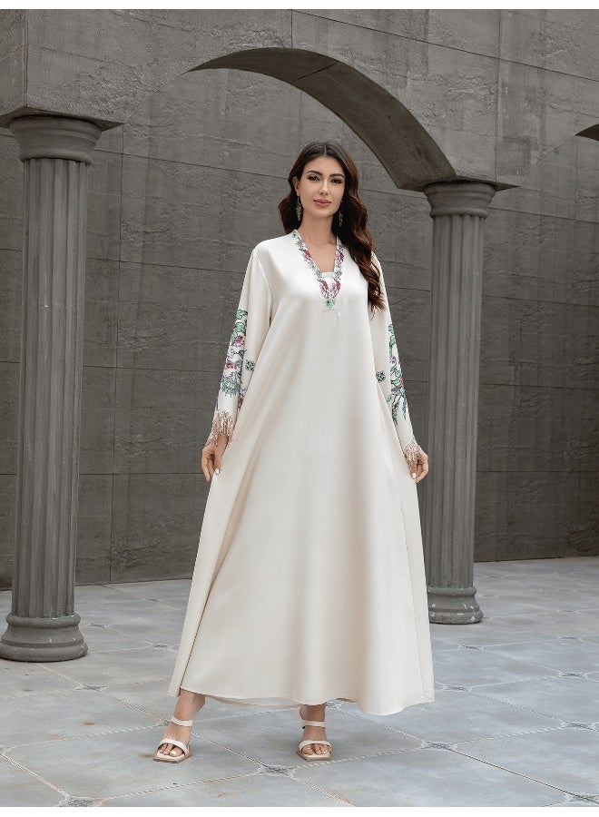 Madam Uniq Elegant Beige Embroidered Kaftan, Flare - Sleeve & Fringe Trim, Ethnic - Style Maxi Dress - Image 5