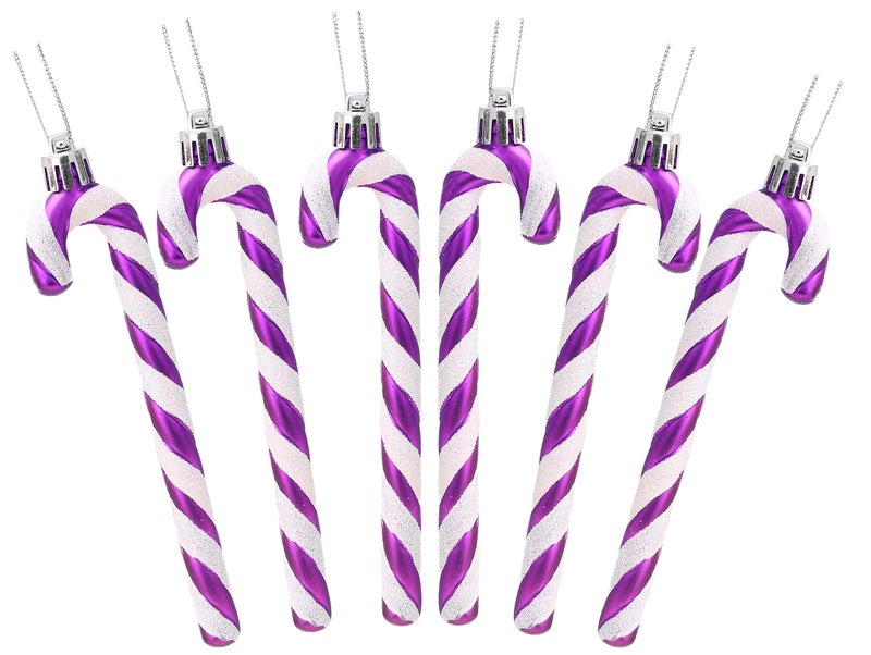 Christmas Concepts Pack of 6-13cm Glitter Candy Cane Christmas Tree Decorations/Ornaments (Purple & White) - Image 1