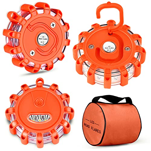 Tobfit 3 Pack LED Road Flares Emergency Lights Roadside Safety Beacon Disc Flashing Warning Flare Kit with Magnetic Base & Hook for Car Truck Boats | 9 Flash Modes (Batteries Not Included) (3) - Image 1