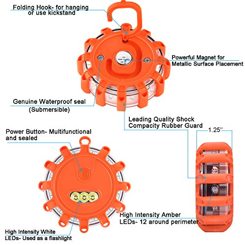 Tobfit 3 Pack LED Road Flares Emergency Lights Roadside Safety Beacon Disc Flashing Warning Flare Kit with Magnetic Base & Hook for Car Truck Boats | 9 Flash Modes (Batteries Not Included) (3) - Image 2