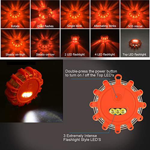Tobfit 3 Pack LED Road Flares Emergency Lights Roadside Safety Beacon Disc Flashing Warning Flare Kit with Magnetic Base & Hook for Car Truck Boats | 9 Flash Modes (Batteries Not Included) (3) - Image 3