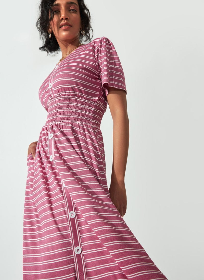 The Label Life Stripe Smocked Midi Dress - Image 1
