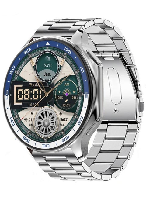Bluetooth Smartwatch, 1.43 Inch Full Screen Touch, Long Standby, Multiple Sports Modes, Heart Rate And Sleep Monitoring, Multi Language Selection, Silver Steel Strap DT Watch X
