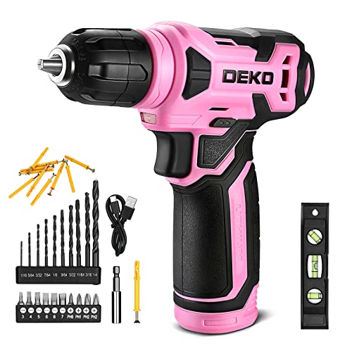 DEKOPRO 8V Cordless Drill, Drill Set with 3/8"Keyless Chuck, 42pcs Acessories, Built-in LED, Type-C Charge Cable, Pink Power Drills for Drilling and Tightening/Loosening Screws - Image 1