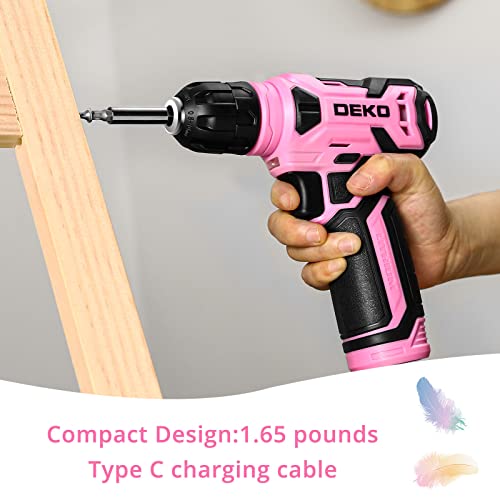 DEKOPRO 8V Cordless Drill, Drill Set with 3/8"Keyless Chuck, 42pcs Acessories, Built-in LED, Type-C Charge Cable, Pink Power Drills for Drilling and Tightening/Loosening Screws - Image 3
