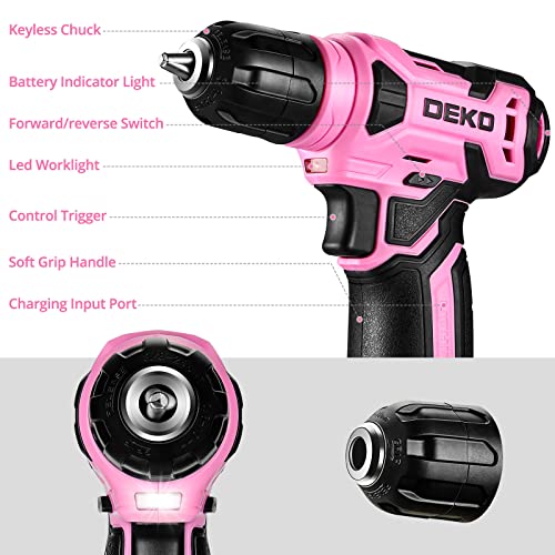 DEKOPRO 8V Cordless Drill, Drill Set with 3/8"Keyless Chuck, 42pcs Acessories, Built-in LED, Type-C Charge Cable, Pink Power Drills for Drilling and Tightening/Loosening Screws - Image 2