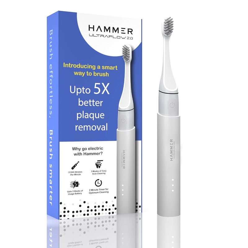 Hammer Ultra Flow 2.0 Electric Toothbrush And 2 Replaceable Brush Heads For Men And Women, 3 Brushing Modes, Rechargeable Battery, Waterproof, Super-Soft Bristles, Electric Toothbrush (White) - Adult - Image 1