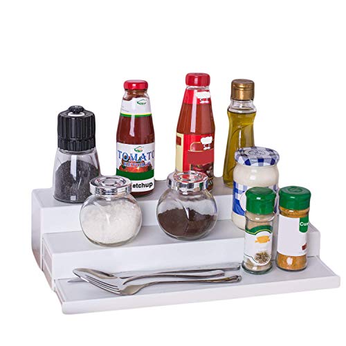 INOVERA (LABEL) ABS Plastic Expandable Spice Holder Rack Pantry Cabinet Step Shelf Organizer, 3 Tier, White - Image 1