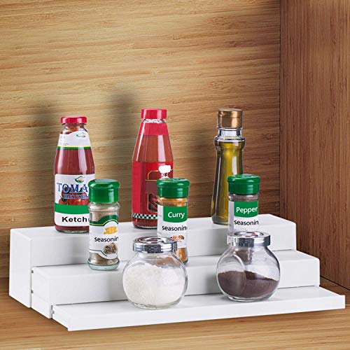 INOVERA (LABEL) ABS Plastic Expandable Spice Holder Rack Pantry Cabinet Step Shelf Organizer, 3 Tier, White - Image 5