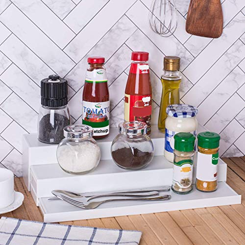 INOVERA (LABEL) ABS Plastic Expandable Spice Holder Rack Pantry Cabinet Step Shelf Organizer, 3 Tier, White - Image 4