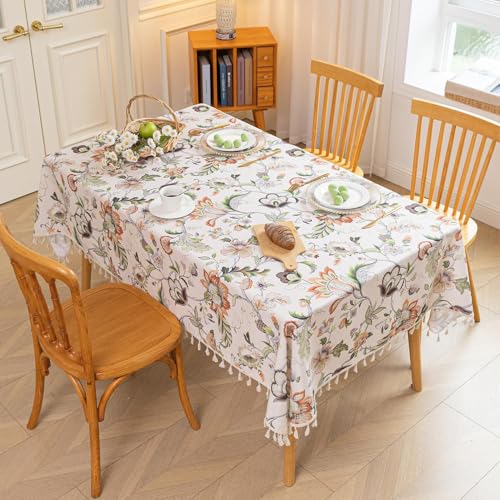 Erbnaryx Handblock Print Tablecloth for Square Tables,Fringed Edges with Flower Pattern Tablecloths,Table Cover Cloth Decorative for Kitchen Dining Room,59"x 59" - Image 2