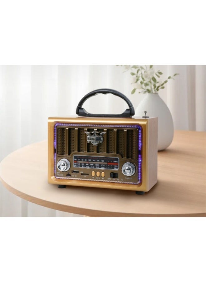 Retro Full Band Radio Portable Bluetooth Speaker Wireless MP3 Player With USB TF Card Slots Gold & Wood - Image 3