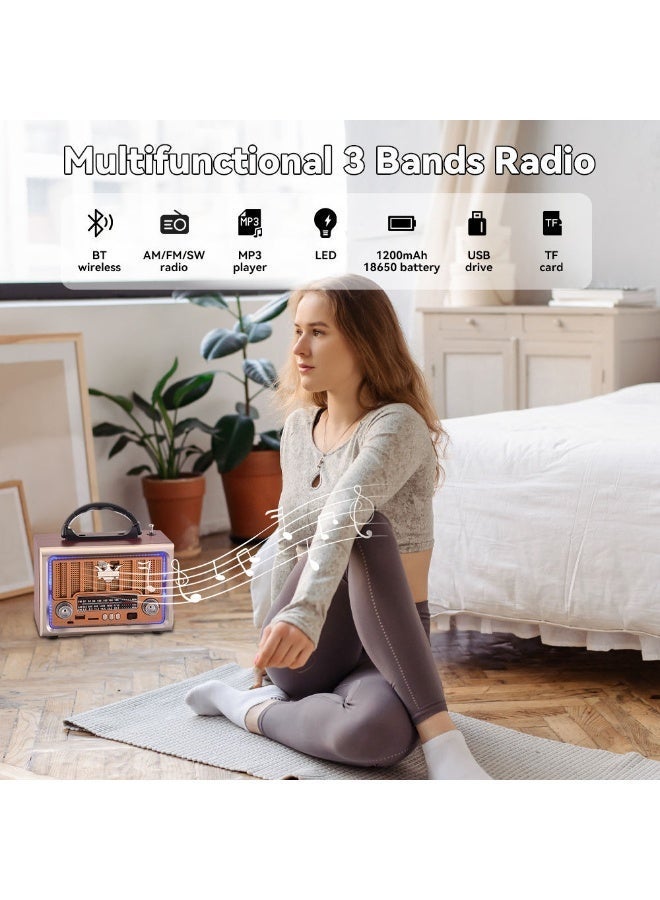 Retro Full Band Radio Portable Bluetooth Speaker Wireless MP3 Player With USB TF Card Slots Gold & Wood - Image 5