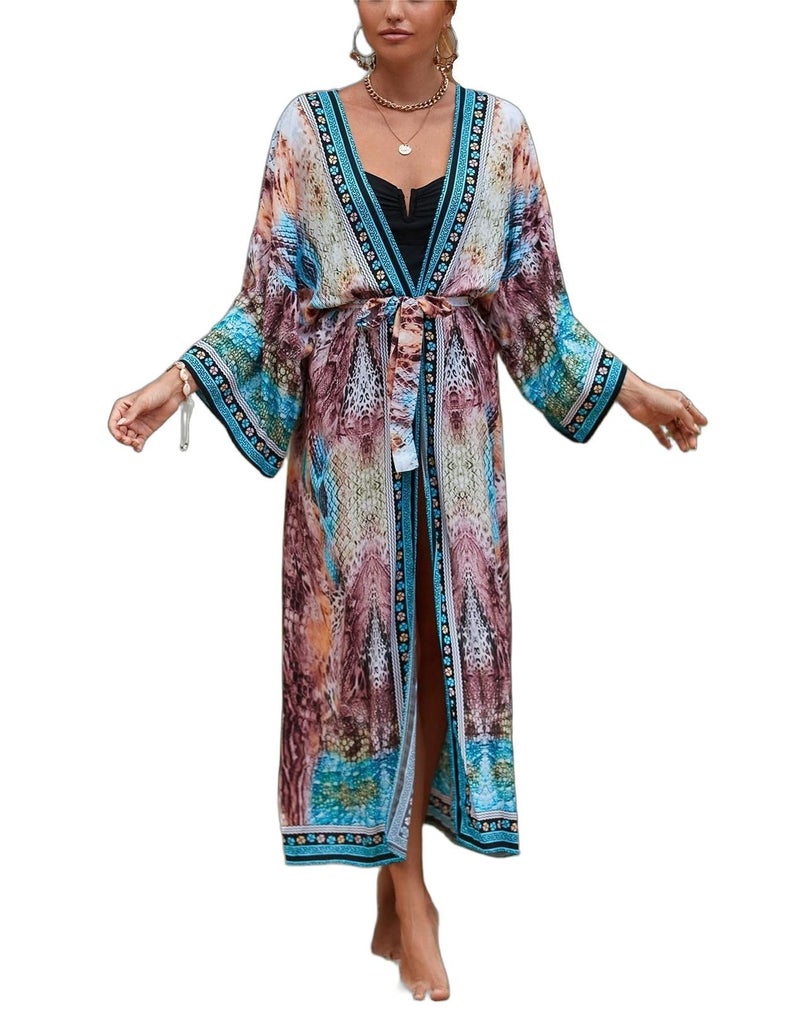 IMAGEKOPE Womenâ€™s Kimono Cover Up Long Beach Dress Swimsuit Cover Ups Colorful Cardigan Lightweight Robe for Swimwear - Image 1