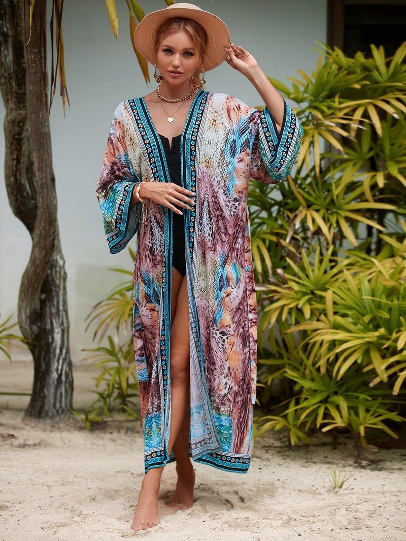 IMAGEKOPE Womenâ€™s Kimono Cover Up Long Beach Dress Swimsuit Cover Ups Colorful Cardigan Lightweight Robe for Swimwear - Image 2