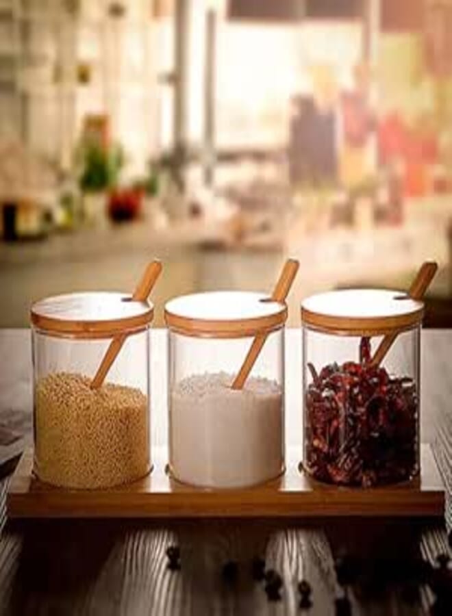 Generic Glass Spice Jars Set with Wooden Lids and Spoons, 300ml Capacity, 3-Piece Set with Wooden Tray .iR