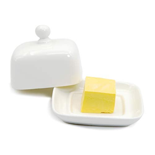 NAGU Small Rectangle Butter Dish with Lid, White Procelain Domed Cheese Dish with Handle Individual Serving Mini Butter Tray, Cute Ceramic Dessert Serving Bowl for Table, Countertop, Refrigerator - Image 1