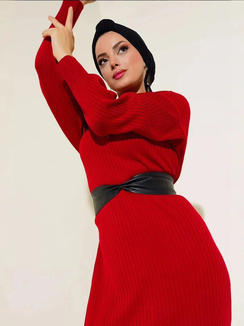 Big Dart Red BDART Maxi Turtleneck Ribbed Knit Dress for Women | Best Price UAE