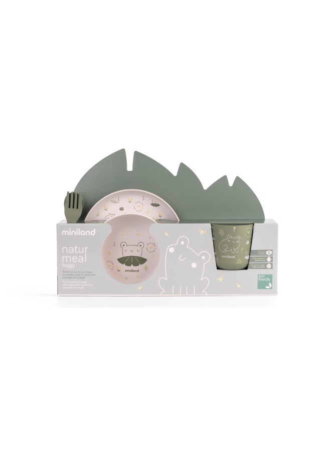 Miniland 5-Piece Naturmeal Frog Baby Tableware Set – Eco-Friendly Biodegradable PLA Dinnerware with Flat Plate, Bowl, Training Cup, Spoon & Fork for Toddlers - Image 2