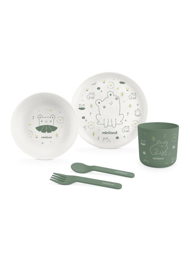 Miniland 5-Piece Naturmeal Frog Baby Tableware Set – Eco-Friendly Biodegradable PLA Dinnerware with Flat Plate, Bowl, Training Cup, Spoon & Fork for Toddlers - Image 1