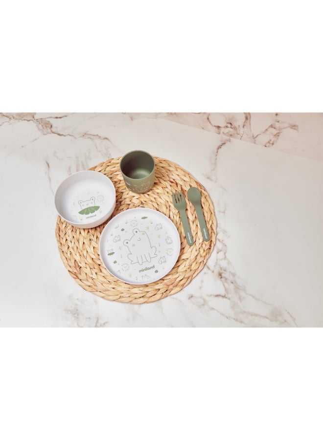 Miniland 5-Piece Naturmeal Frog Baby Tableware Set – Eco-Friendly Biodegradable PLA Dinnerware with Flat Plate, Bowl, Training Cup, Spoon & Fork for Toddlers - Image 3
