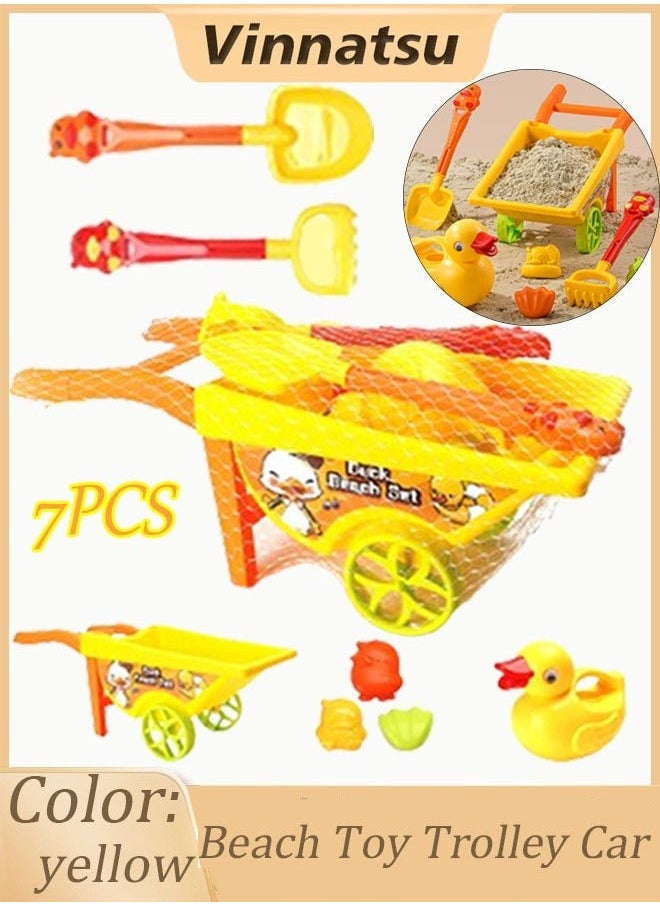 Vinnatsu 7PCS Kids Beach Toys Set Beach Toy Trolley Car With Cart Watering Can Rake Shovel And 3 Mini Molds For Kids Beach Toys Set For Toddlers Kids Age 3-10（Yellow）  - Image 1