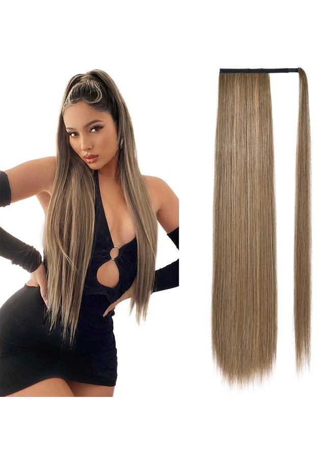 SEIKEA Long Ponytail Extension Straight Wrap Around Clip in Ponytail Hair Extensions Natural Soft Synthetic Hairpiece for Women 35 Inch Dark Ash Blonde with Highlights - Image 1