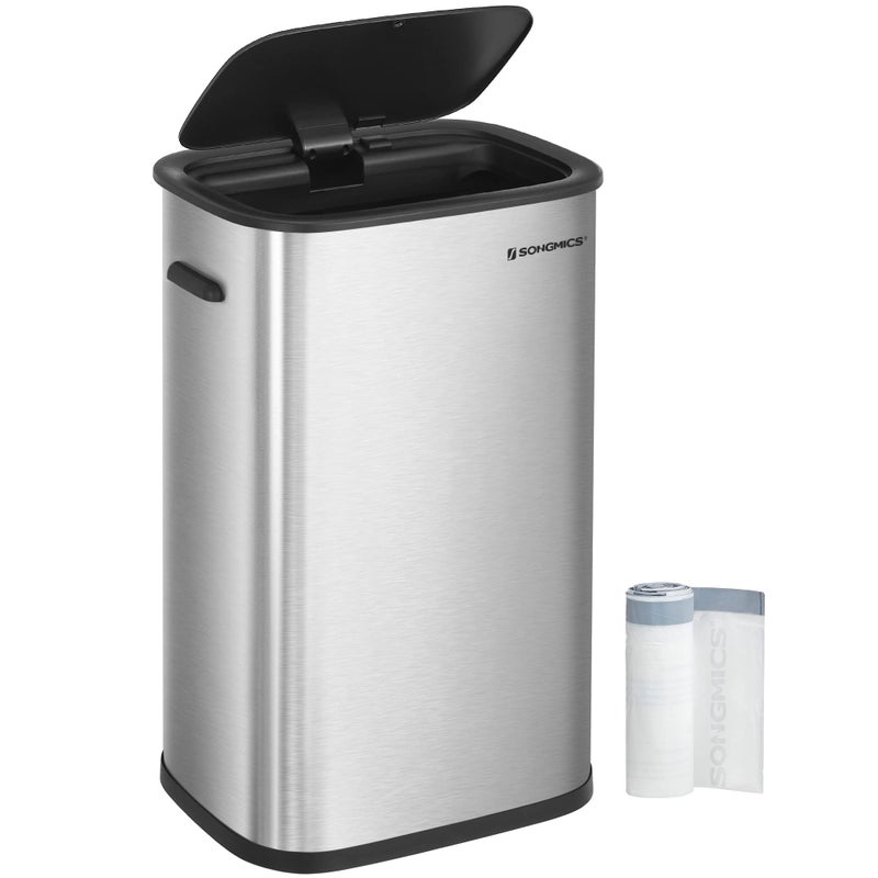 SONGMICS Kitchen Bin 50L Sensor Bin Automatic Rubbish Bin with SoftClose Lid and Bag Retainer Ring Stainless Steel Waste Bin 15 Rubbish Bags Included Silver LTB610E50