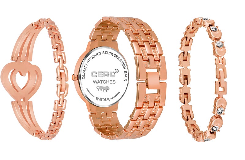 CERO Rose Gold Diamond Studded Analogue Watch and Bracelet Combo for Women & Girls(Pack of 3) (Rose Gold-521) - Image 2