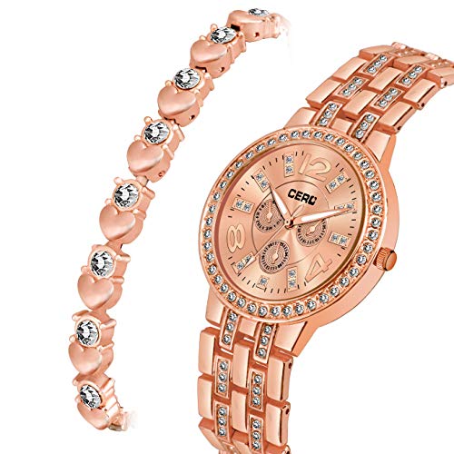 CERO Rose Gold Diamond Studded Analogue Watch and Bracelet Combo for Women & Girls(Pack of 3) (Rose Gold-521) - Image 4