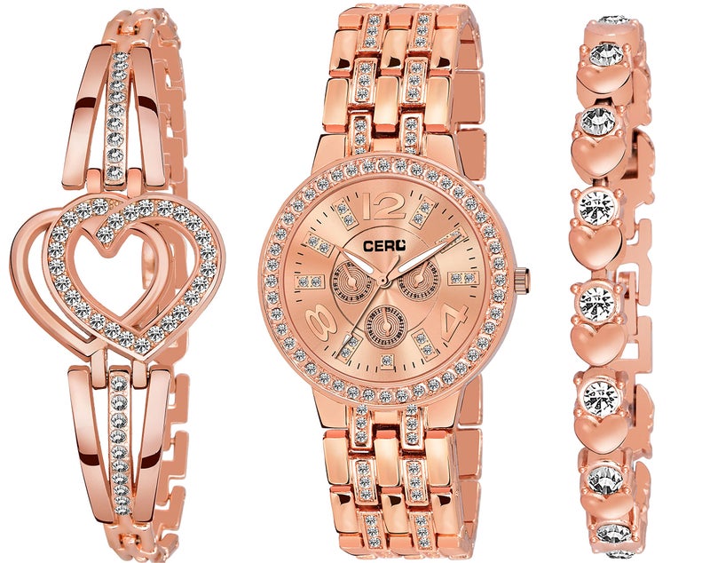 CERO Rose Gold Diamond Studded Analogue Watch and Bracelet Combo for Women & Girls(Pack of 3) (Rose Gold-521) - Image 5