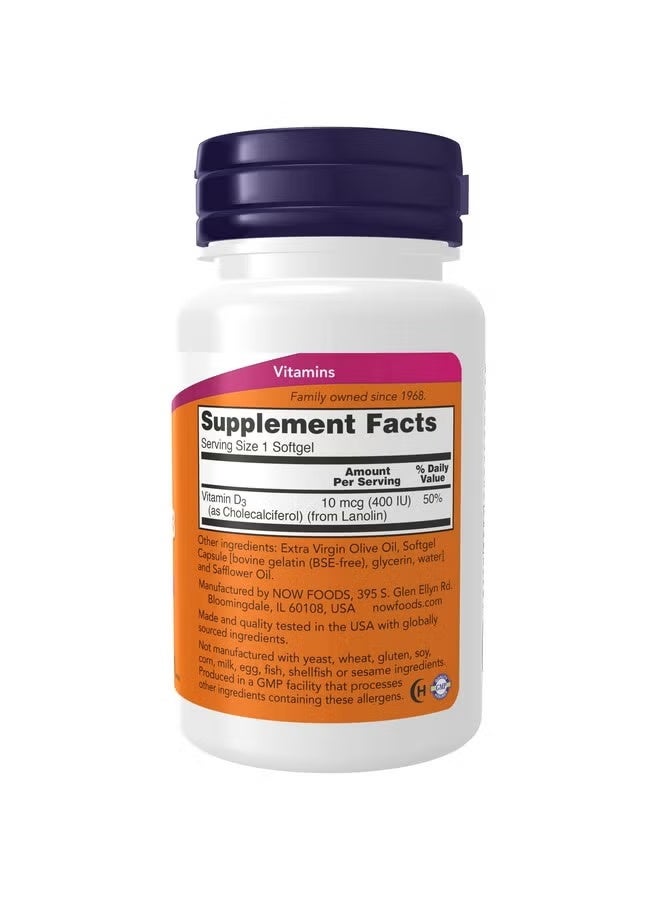 NOW Supplements, Vitamin D-3 400 IU, Strong Bones*, Structural support*, 180 Softgels - Image 3