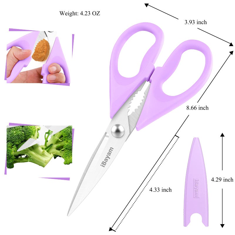 iBayam Kitchen Scissors, Purple Kitchen Utensils Accessories, All Purpose Heavy Duty Meat Scissors, Poultry Shears, Dishwasher Safe, Stainless Steel, 2-Pack, Pastel Pink, Soft Purple - Image 3
