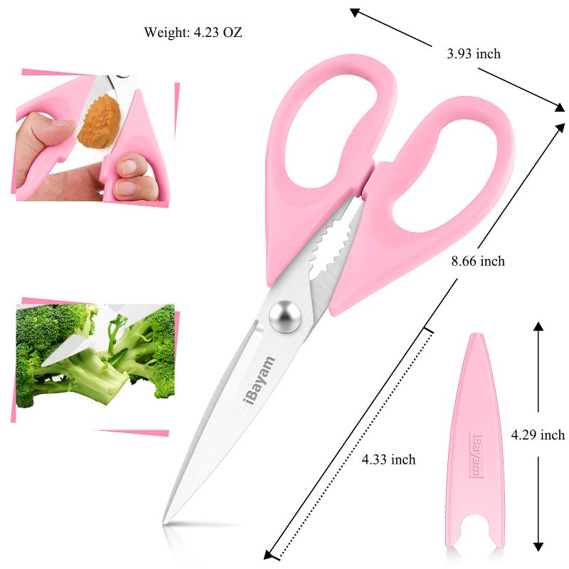 iBayam Kitchen Scissors, Purple Kitchen Utensils Accessories, All Purpose Heavy Duty Meat Scissors, Poultry Shears, Dishwasher Safe, Stainless Steel, 2-Pack, Pastel Pink, Soft Purple - Image 4