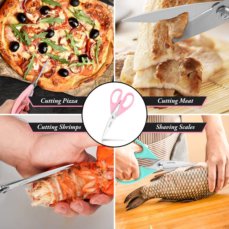 iBayam Kitchen Scissors, Purple Kitchen Utensils Accessories, All Purpose Heavy Duty Meat Scissors, Poultry Shears, Dishwasher Safe, Stainless Steel, 2-Pack, Pastel Pink, Soft Purple - Image 5